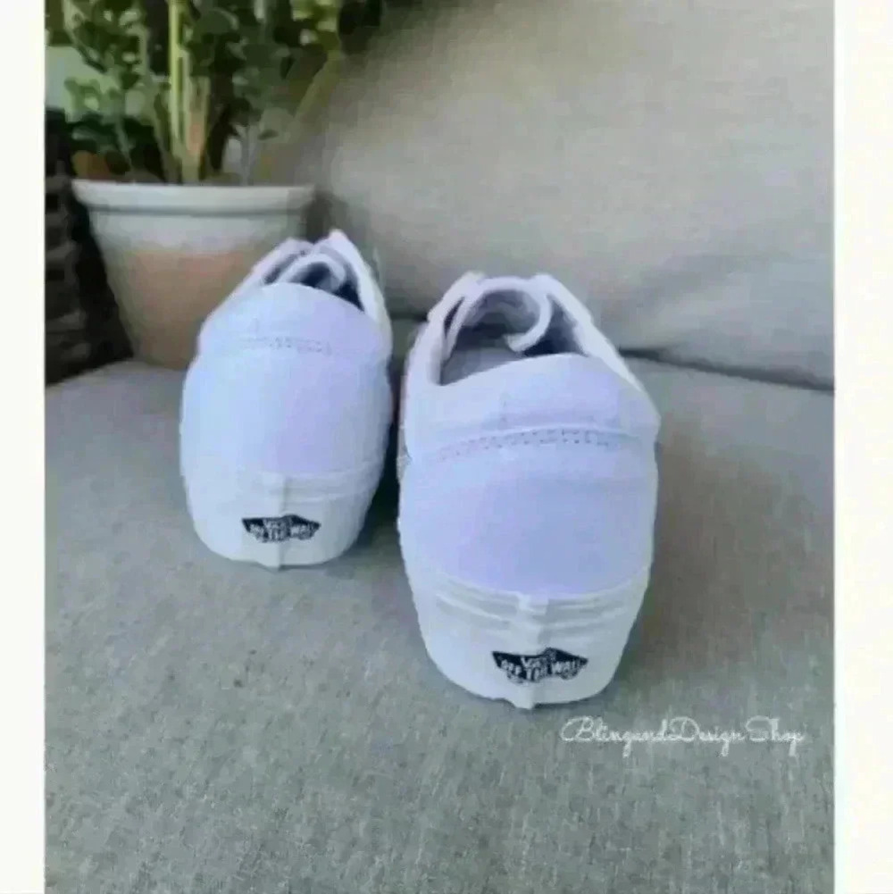 Vans Platform Old Skool White Sneakers Shoes Customized with Swarovski Crystals - Picture 8 of 9